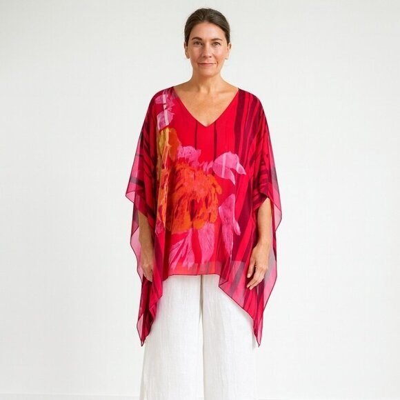 Colebrooke by Windsmoor Tops - Colebrooke by Windsmoor Red Floral Stripe Poncho Blouse Size Small Sheer Overlay